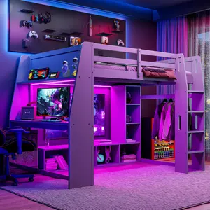 Full Size Gaming Loft Bed Frame with Desk & LED Lights, Solid Wood Loft Bed with Open Wardrobe and Storage Shelves, Full Gaming Bed with Desk, Grey