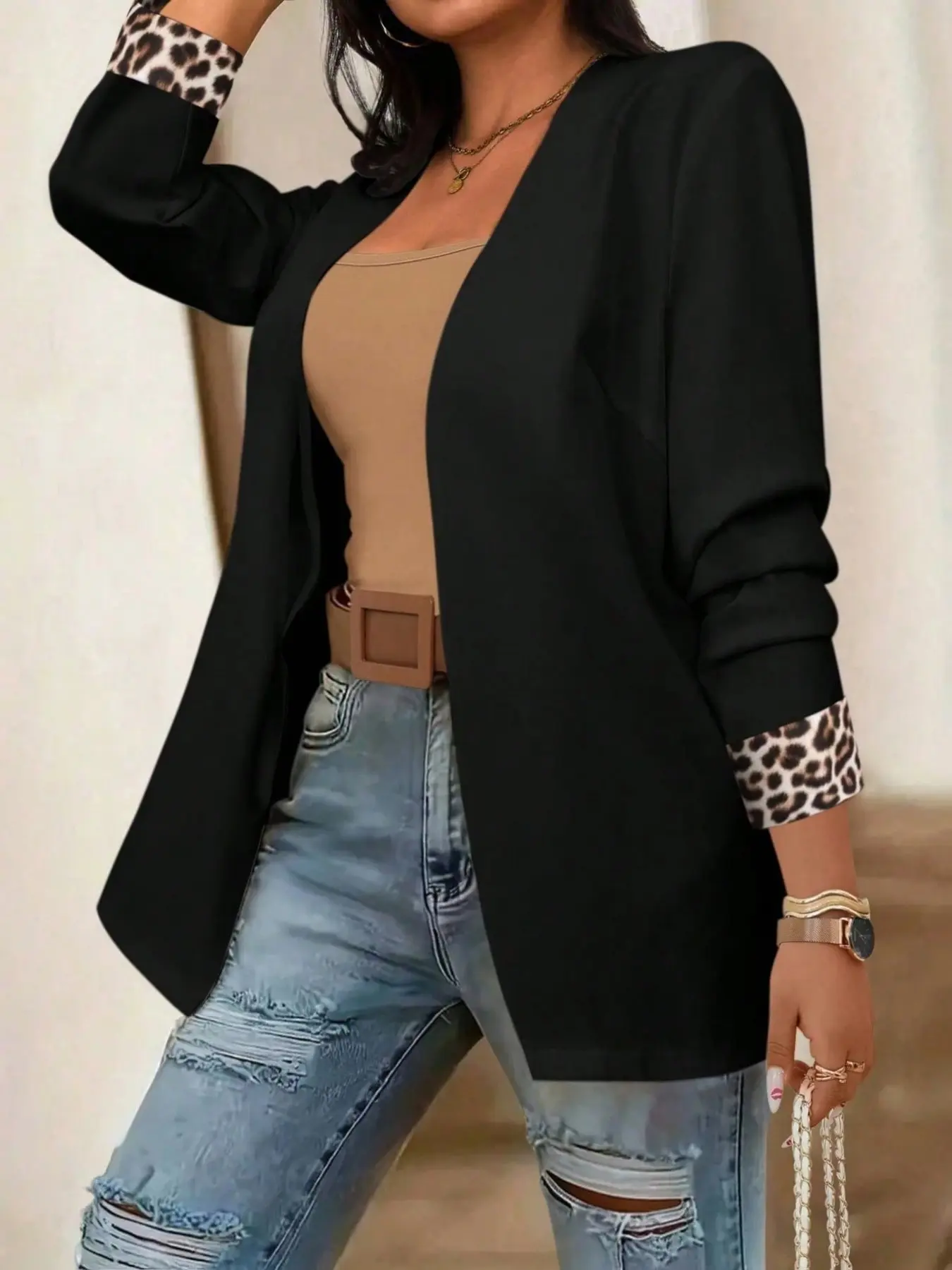 Women's Blazer Open Front Leopard Print Cuff Jacket Long Sleeve Fitted Business Casual Work Suits Cardigan Outerwear Business Attire Clothes Elegant Office Daily Outfits Trendy Womenswear Everyday Business Work Clothes