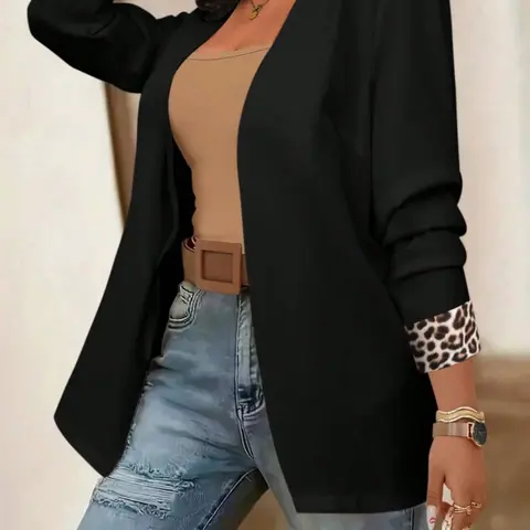 Women's Blazer Open Front Leopard Print Cuff Jacket Long Sleeve Fitted Business Casual Work Suits Cardigan Outerwear Business Attire Clothes Elegant Office Daily Outfits Trendy Womenswear Everyday Business Work Clothes