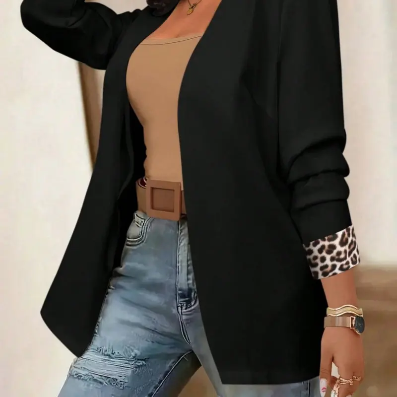 Women's Blazer Open Front Leopard Print Cuff Jacket Long Sleeve Fitted Business Casual Work Suits Cardigan Outerwear Business Attire Clothes Elegant Office Daily Outfits Trendy Womenswear Everyday Business Work Clothes
