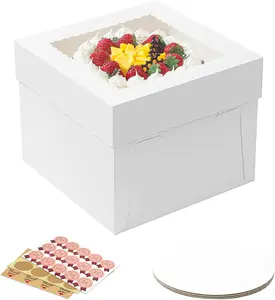 3 Pack Cake Boxes, Tall Cake Box with Cake Boards, White Bakery Boxes with Window, Disposable Cake Containers with Lids for Cake, Donuts, Pies, Cookies, Wedding, Birthday, Party