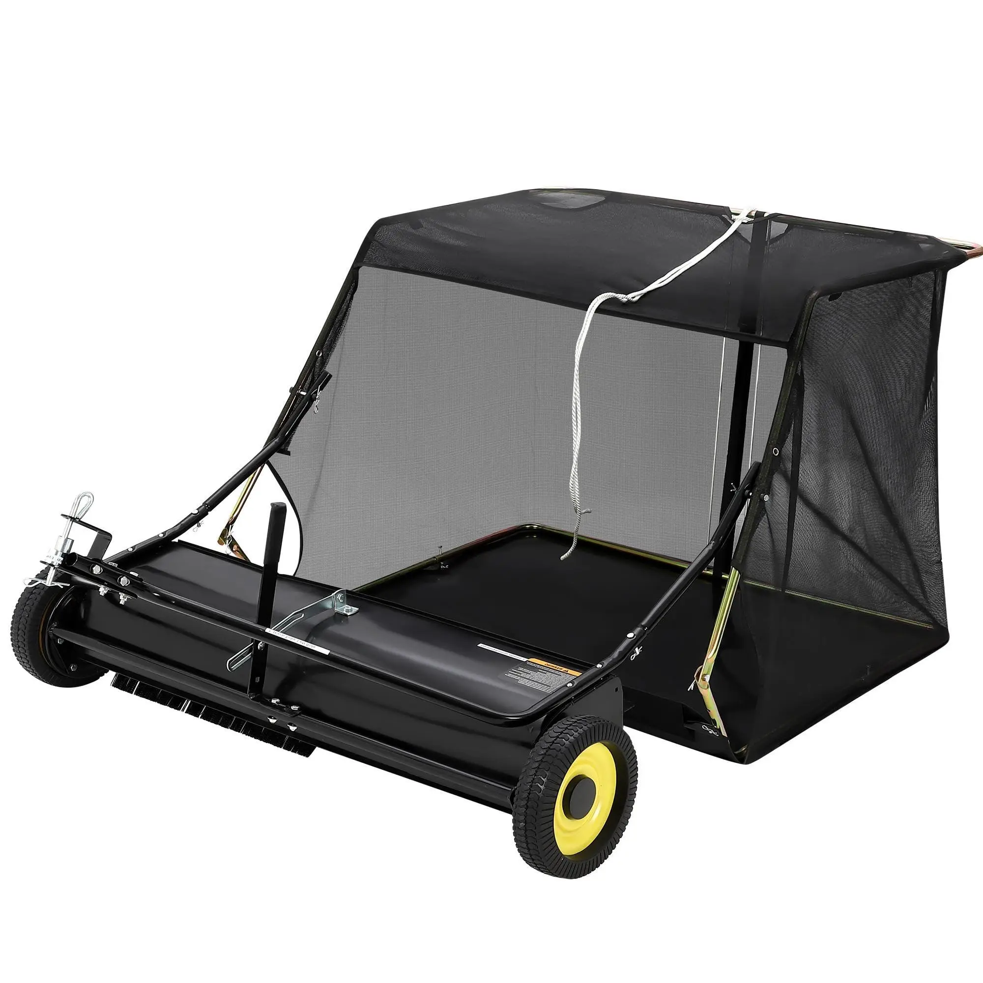 Tow-Behind Lawn Sweeper 42 Inch Leaf and Grass Collector, 12 Cu Ft Capacity Adjustable Sweeping Height Rope-Controlled Dumping for Yard Maintenance
