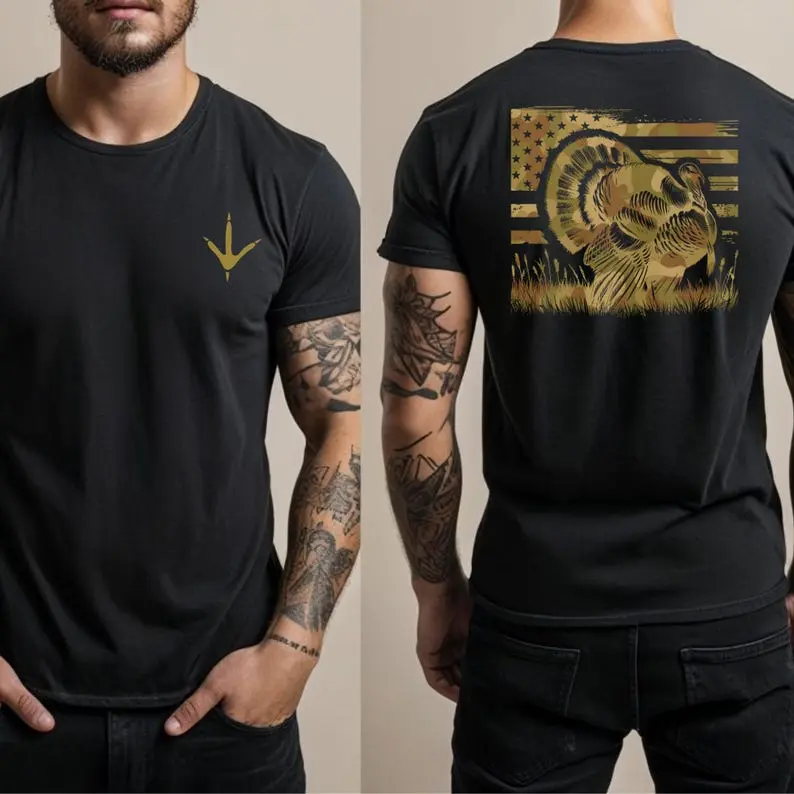 American Flag Turkey Hunting Shirt: Patriotic Hunter Tee, Hunting Gear For Men And Women, Full Sizes, Full Colors