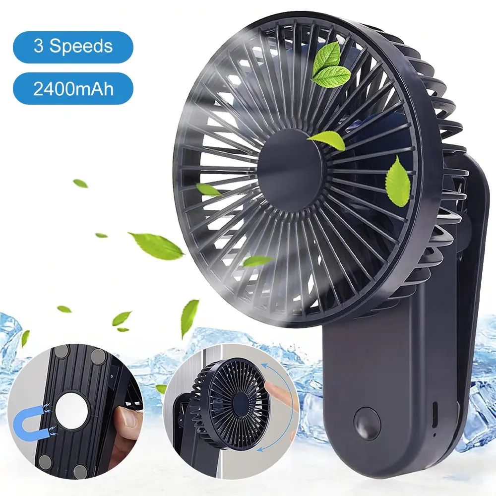 Portable Magnetic Clip-On Fan 2400mAh USB Rechargeable Desk Mini Cooling Fans, 3 Speed, Battery Operated, fits Desk, Golf Cart, Camping