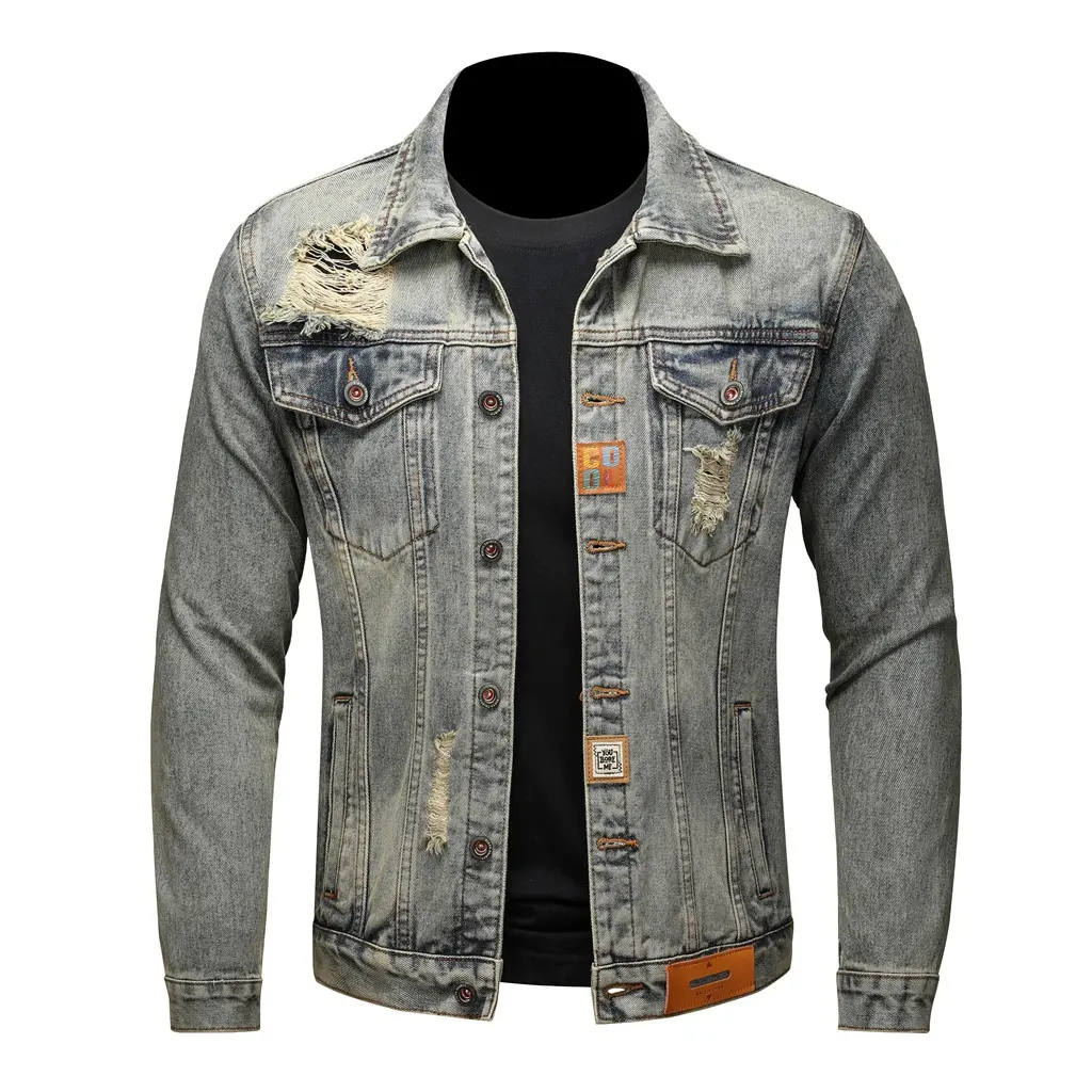 【590】New Spring & Autumn Vintage Distressed Denim Jacket for Men, Washed Cargo Style Jacket, American High Street Edgy Fashion Denim Coat, Trendy Streetwear Outfit Long Sleeve Menswear