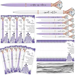 25 Sets Quinceanera Party Favors Sweet 15 Diamond Pens Fancy Ballpoint Pens with Crystal Birthday Party Thank You Cards and Ties Thank You Gifts for Guests Back School(White, Purple)
