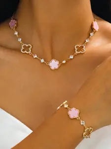 Women's Lucky Four-Leaf Clover Five-Leaf Pendant Necklace Bracelet Set, Elegant Jewelry Gift for Women & Girls