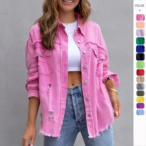 Women’s Distressed Denim Shirt Jacket – Oversized Casual Button Down Shacket (Spring/Fall Layering Top)