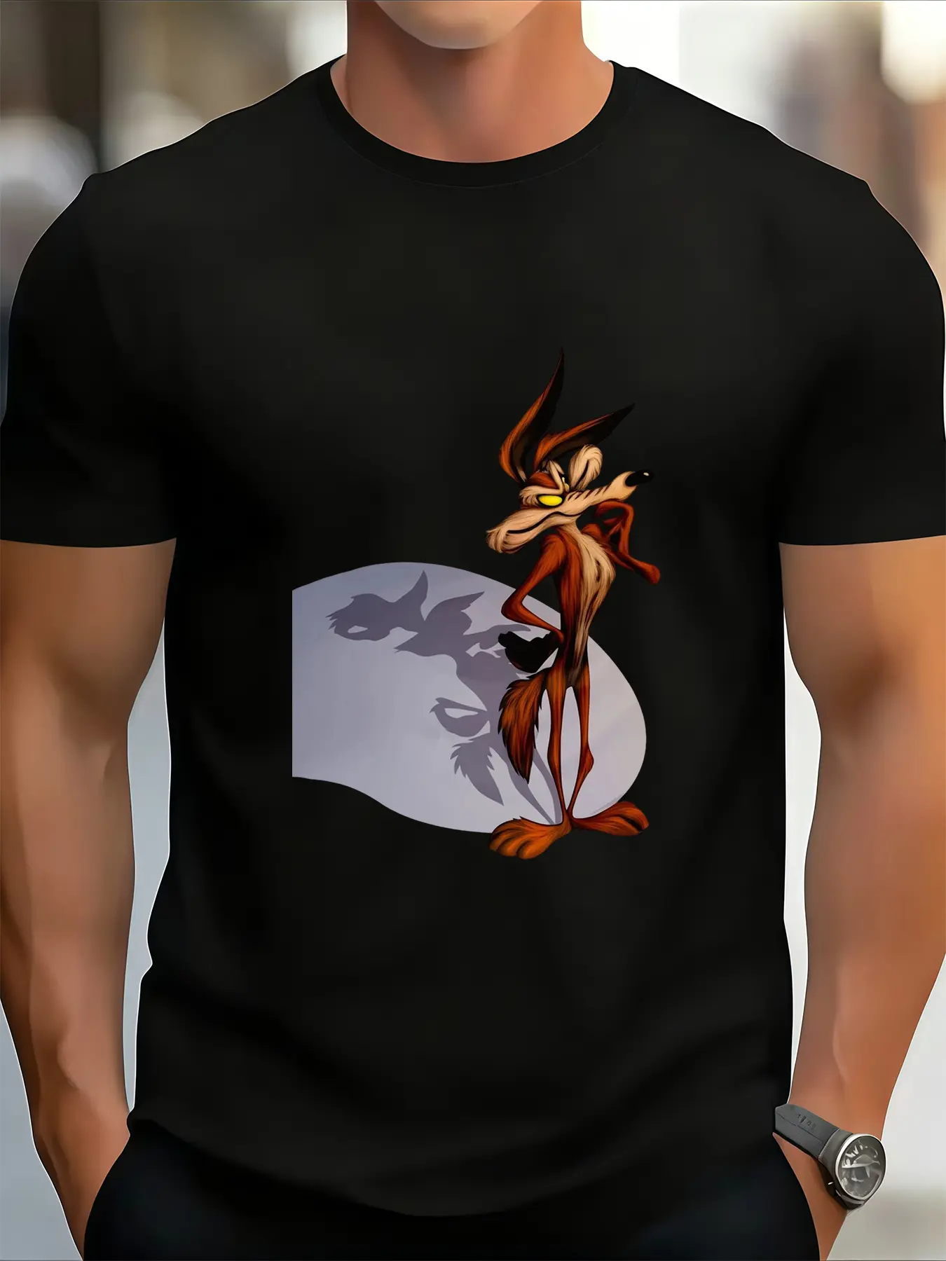 Men's Wily Coyote Graphic T-Shirt, Casual Comic Character Print, Lightweight Polyester Short-Sleeve Crew Neck for Summer Wear, Comic Character Men's Short-Sleeve T-Shirts, Character Style Men's Short-Sleeve T-Shirts