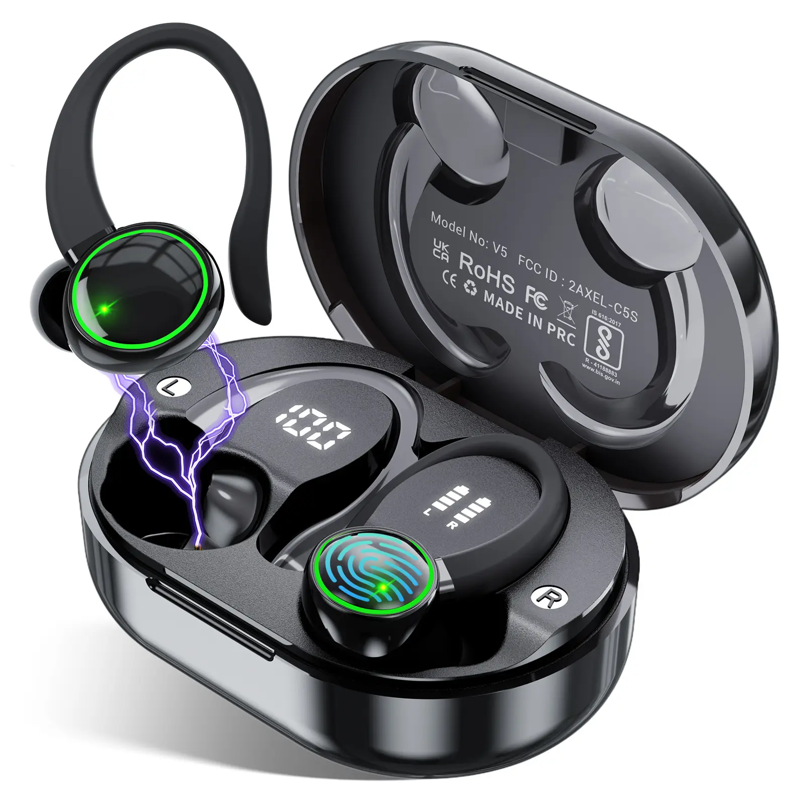Wireless Bluetooth 5.3 Earbuds - Waterproof IPX7 Wireless Headphones, Sturdy Hanging In-Ear Design, Type-C Jack, Noise Reduction, High-Quality Audio, 1-Year Warranty (Black), Water Proof summerwins