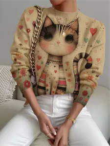 Women's Cartoon Heart Print Stand Collar Fitted Sweater, Fall Winter Casual Long Sleeve Knitwear, Comfortable Warm Daily Wear, Womenswear