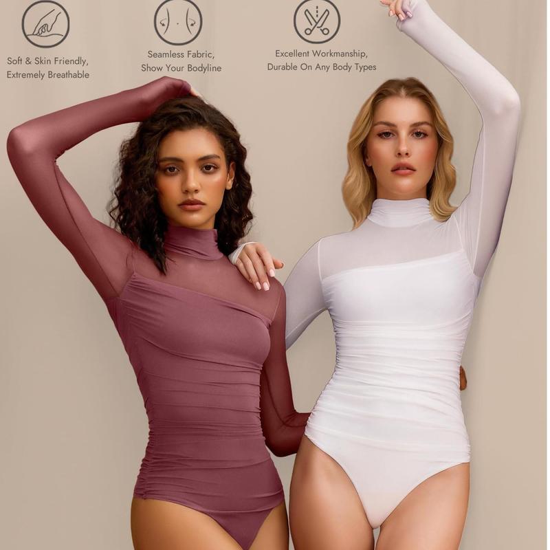 Women Long Sleeve Bodysuit Turtle Neck Shapewear Body Suits Mesh One Piece Leotard Shirt Going Out Tops Fall Outfits Thin Small Head Circumference
