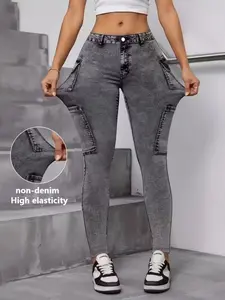 Women's Printed Skinny Jeans, Casual Fake Denim Style, Elastic Stretchy Material, All-Season Wear, Versatile Design, Leggings