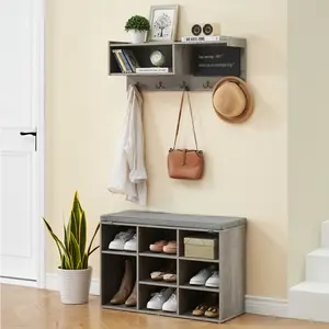Shoe Bench with Storage and Coat Rack Set, 31.5 Inch Shoe Rack with 5 Hooks 9 Storage Cubbies with Small Blackboard and Bookshelf Wall Mount Coat Rack Hall Tree for Entryway Hallway Living Room