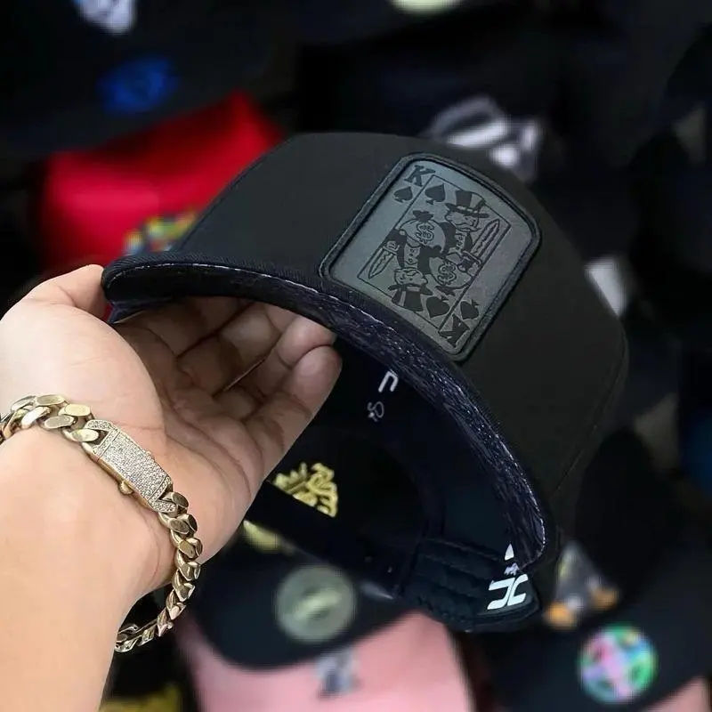 Street Style Baseball Cap with Decorative Card Patch Flat Visor Adjustable Snapback Closure Unisex Fashion Hat for Outdoor Activities and Casual Outfits