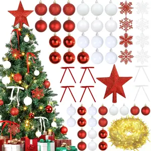 86 count Red and White Christmas Tree Decorations  Ornaments Set, Shatterproof Plastic Christmas  Tree Topper Xmas Snowflakes Balls Bows with 65.5ft LED String Lights for Xmas Tree Decorations