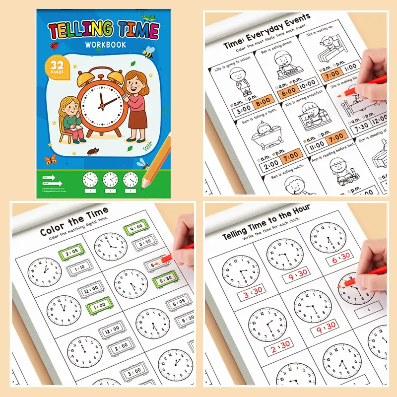 Time Learning Workbook, Learning Tool, Preschool Learning Materials, Teaching Supplies, 32 Pages Clock & Time Recognition Activity Book, Early Education Math Practice Sheet