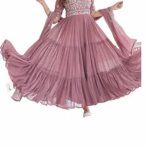 Faux Blooming Multithreaded Beads Embroidery Work Gown with Elegant Ruffled Skirt and Delicate Sequin Details