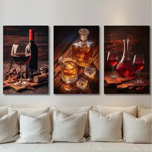 3pcs Set Wine Bottles & Glasses Canvas Art Prints - Modern, Wall Decor For Living Room, Bedroom, Hallway