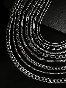 Men's Titanium Steel Necklace Set, Cuban Link Chain, 9-Piece Stainless Steel Jewelry Collection, Daily Wear Accessories for Men, Versatile Design Options