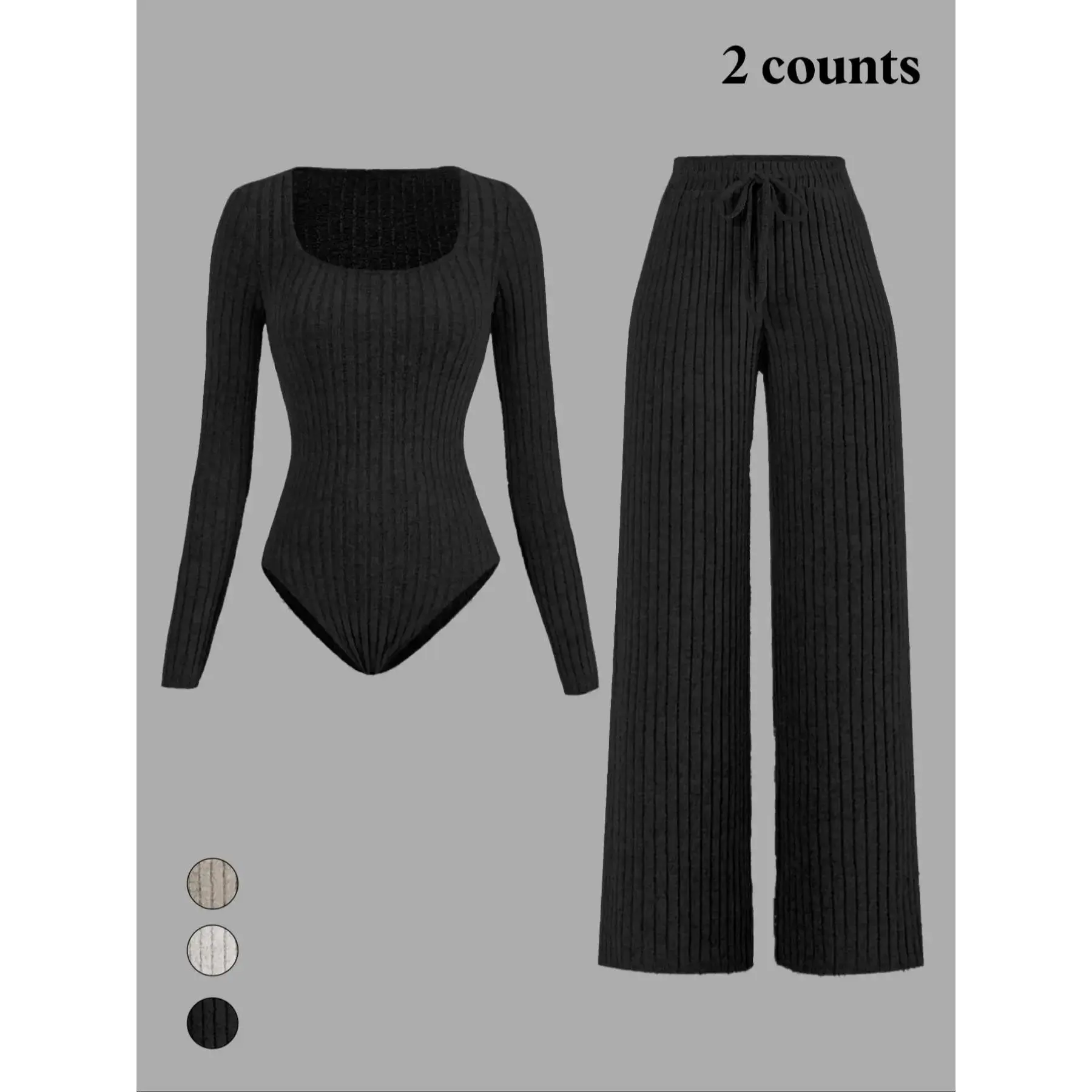 Women's 2-Piece Minimalist Ribbed Fleece Sports Set - Slim-Fitting Long Sleeve Solid Color Bodysuit & Wide-Leg Pants, All Seasons, Machine Washable, Do Not Dry Clean, Casual Daily Wear, Female, Long-Sleeve Workout Women's Sportswear Set, 2Pcs Women's Spor