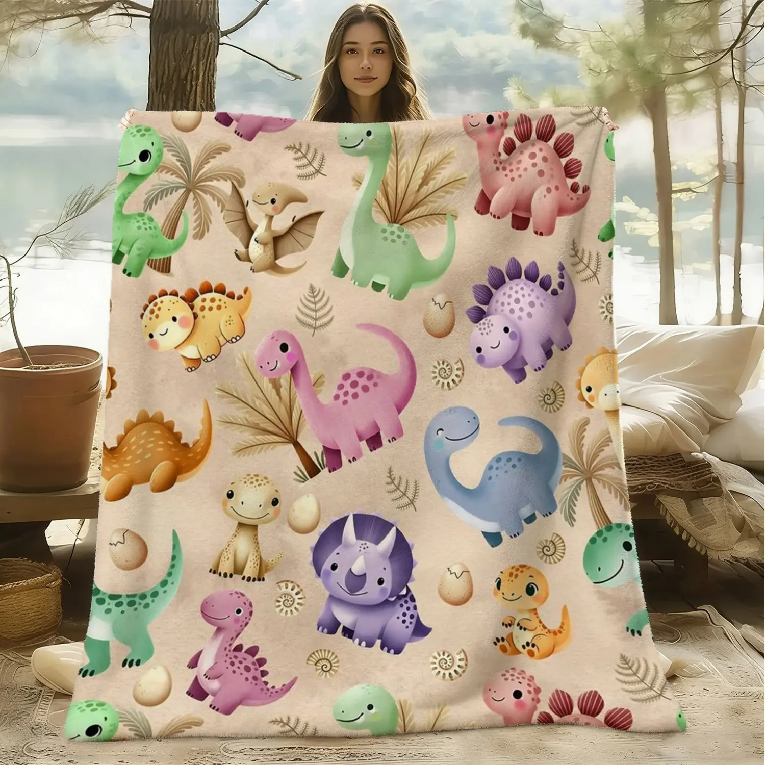 1pc Little Dinosaur Flannel Blanket,  Soft and Warm Pattern Printed Outdoor Plush Blanket, Suitable for Sofa, Bed, Travel, Camping, Living Room, Office - Machine Washable, Modern Style, All-Season Use, Multi-functional, Hypoallergenic