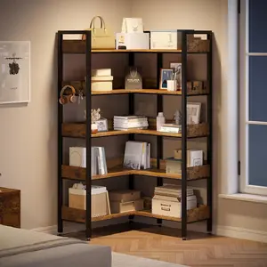 Corner Bookshelf, 5 Tier Convertible Corner Book Shelf, Modern Industrial Bookcase, L Shaped Storage Display Shelf for Home Office, Living Room, Study Room Office