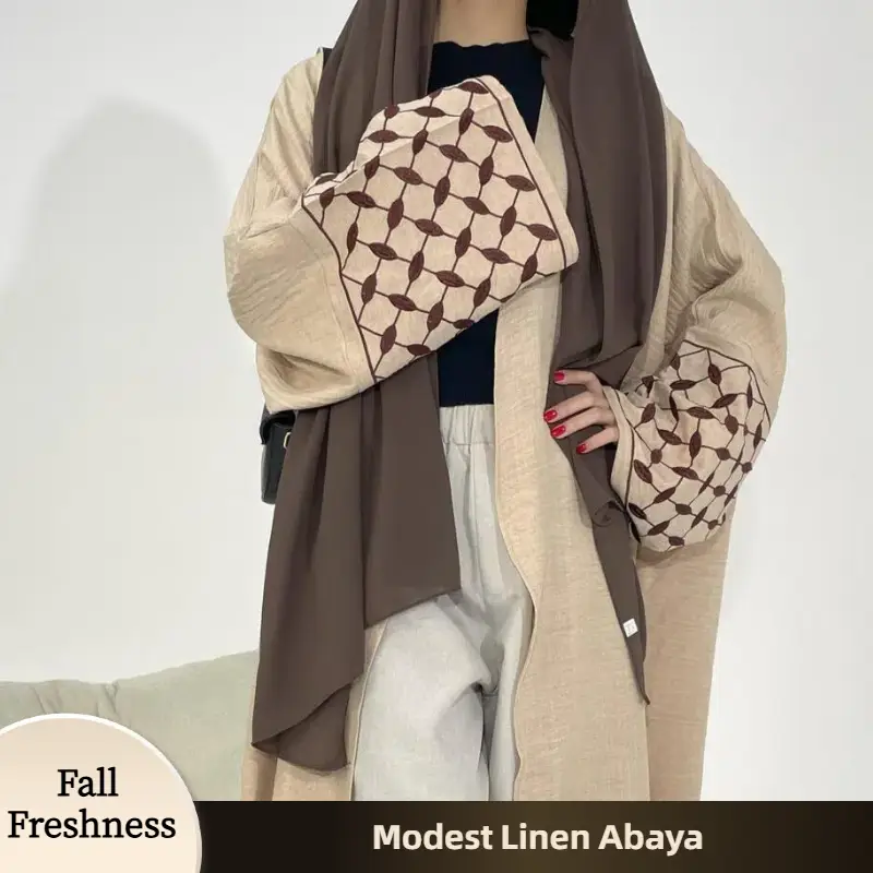 【FallFreshness】CL47 Modest Linen Abaya With Belt, Classic Solid Color Elegant Casual Dignified Humble Simple Long Abaya Shawl, Elegant and stylish, u