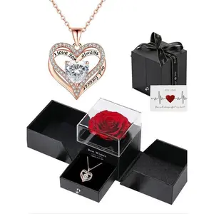 Luxury rhinestone heart necklace with red rose flower gift box; matching vintage jewelry set; perfect gifts for birthdays, anniversaries, girlfriend, Valentine’s Day, and mothers; ideal as a gift for her; gift set for mothers; Mother’s Day gifts
