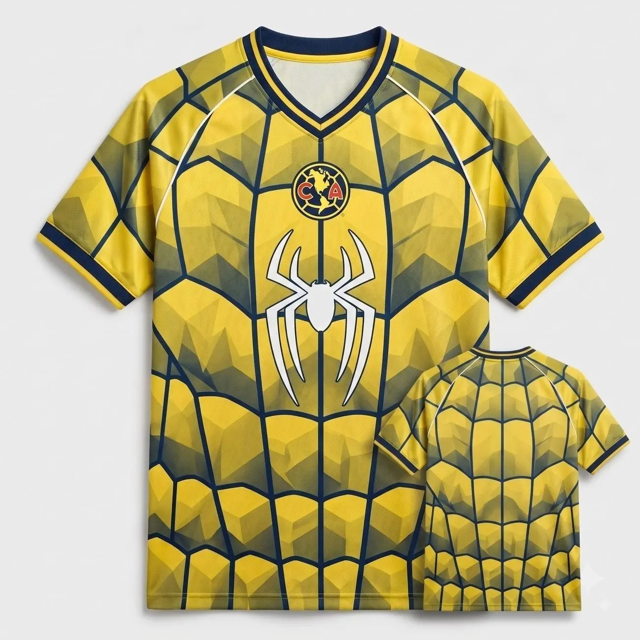 Yellow Web Graphic Soccer Jersey White Spider Chest Crest Vintage Football Shirt Blokecore Tee