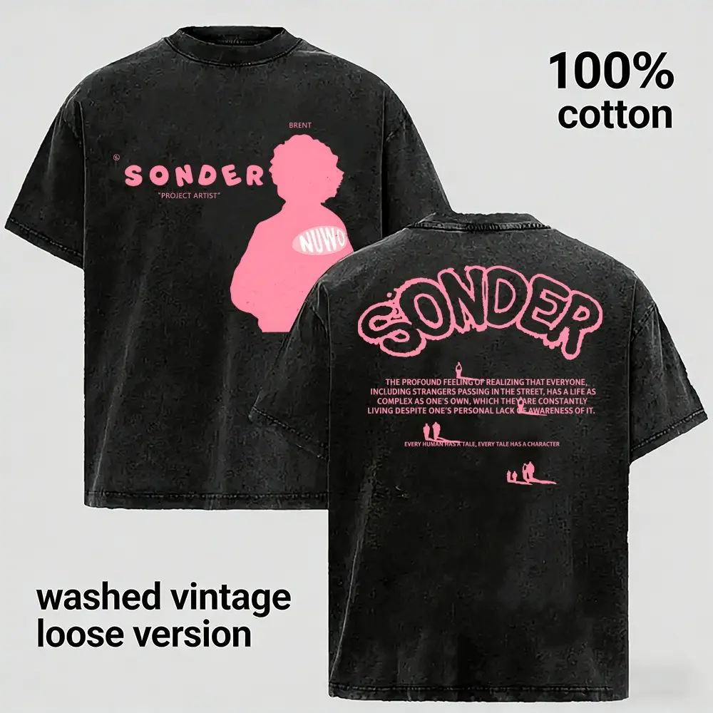 Washed Vintage Graphic Tee Men 100% Cotton Oversized Pink Silhouette Printed T-Shirt Streetwear
