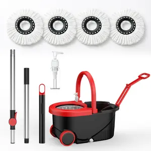 Spin Mop Bucket with Wringer Set, Operable 360 ° Rotating Mop Bucket Set, with 3 Microfiber Replacement Head ,Stainless Steel Mop Bucket 61 Inch Adjustable Handle Household Cleaning Tools Black Plastic  BOP TRADE COR