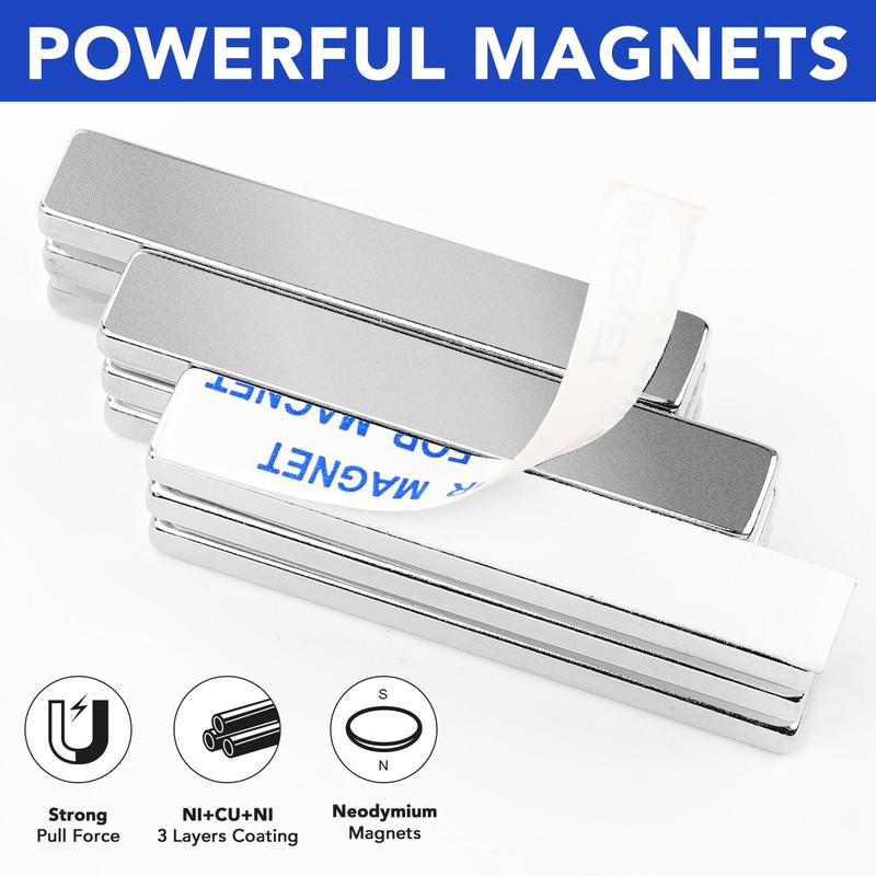 Strong Neodymium Bar Magnets with Adhesive - 6 Pack (60x10x3mm) for Fridge, Garage, Kitchen, Crafts, and DIY