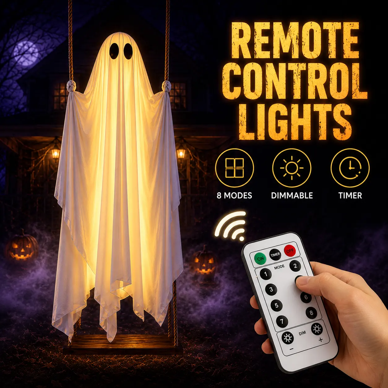 Halloween Decorations Outdoor - 5FT Large Hanging Ghost Swing with Remote Control String Lights, Scary Ghost Halloween Party Decor Outside for Tree Porch Yard Garden Lawn Ornaments halloween spooky decor