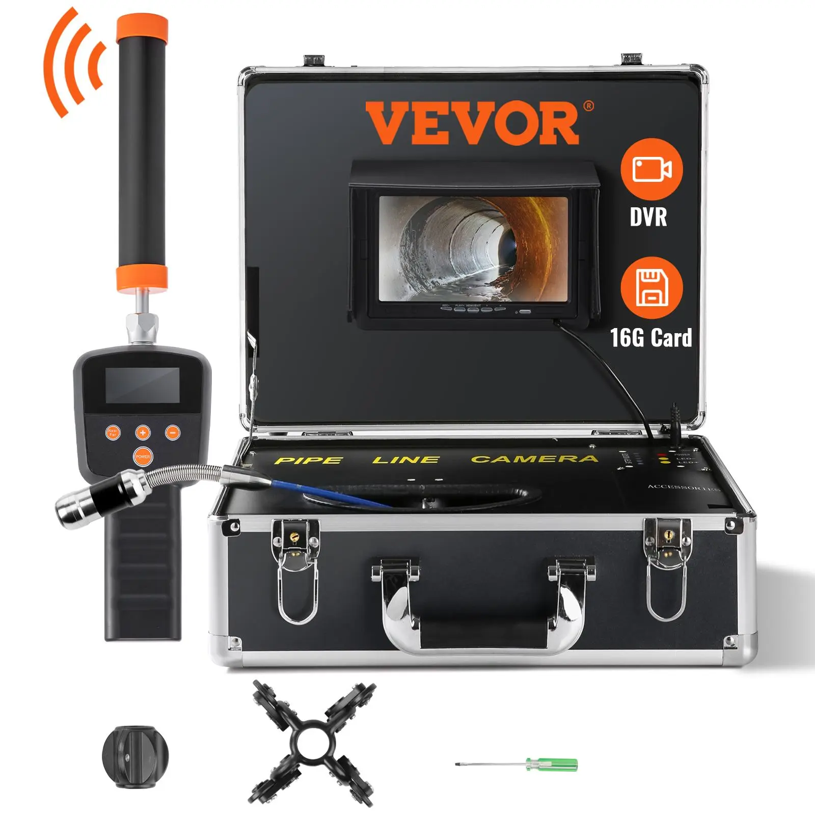 【Summerfinds】VEVOR Sewer Camera with 512Hz Locator, 131 ft/40 m, 7" Pipeline Inspection Camera with DVR Function, IP68 Camera with 12 Adjustable LEDs, A 16 GB SD Card for Sewer Line, Home, Duct Drain Pipe Plumbing