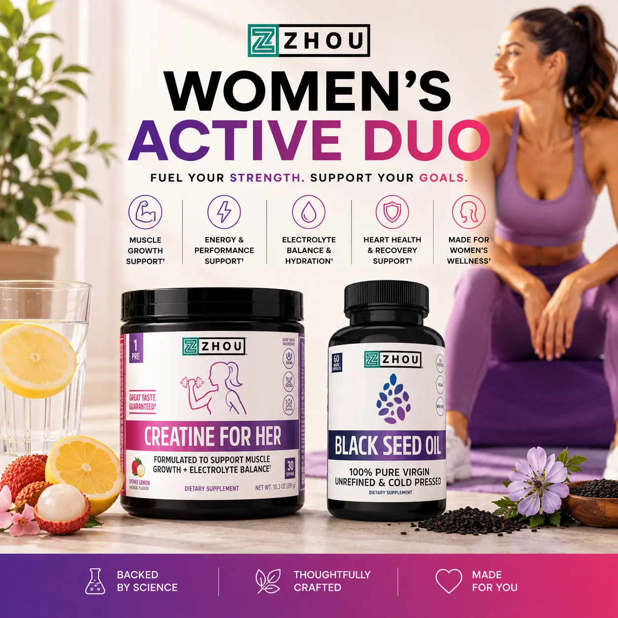 Zhou Women's Active Duo — Creatine for Her Powder + Black Seed Oil Capsules — Active Women's Daily Routine
