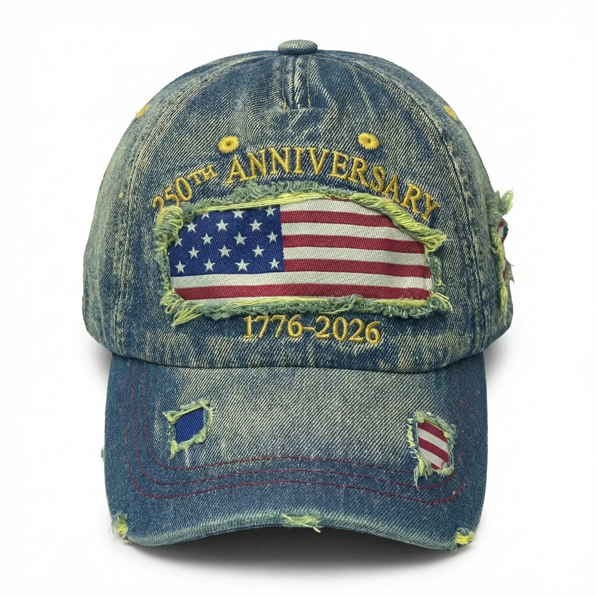 America250 Men's Baseball Cap, Retro Washed Denim with Embroidered Stars and Stripes, Casual 250th Anniversary Relaxed Fit Hat
