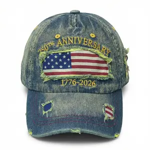 1776–2026 250th Anniversary retro linen denim baseball cap, vintage washed distressed, American flag embroidered, relaxed fit for men, ideal for history enthusiasts, great for gifting, spring-summer casual wear, summervibes.