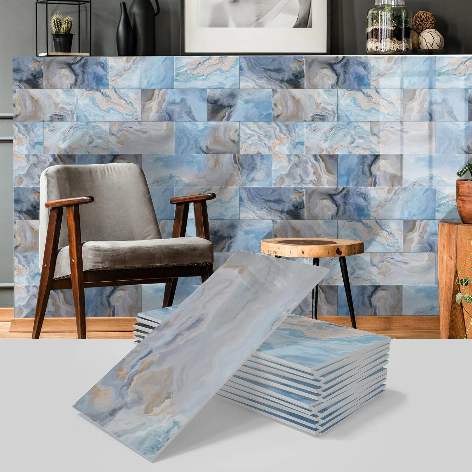 Creative 3D Marble Pattern Wall Sticker, 16/32pcs Removable Self Adhesive Wall Decal, Decorative Sticker for Home Kitchen Bathroom