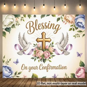 2D Flat 1PC Polyester Banner, Confirmation Theme "Blessing On your Confirmation", Smooth Draping & Fade Resistant, Fresh Floral Style, for Church Confirmation Decor, Religious Event Decoration, Memorial Photography Backdrop, Indoor & Outdoor Use