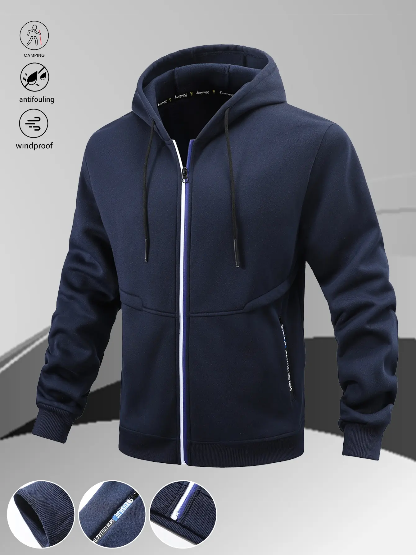 Men's Slim-Fitting Polyester Zip-Up Hoodie with Drawstring - Plain, Lightweight, Windproof Activewear Sweatshirts for Casual Spring & Autumn, Hiking/Light Outdoor Long Sleeve Athletic Outerwear