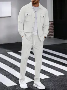 2026 Men's Waffle Set, Matching Spring Summer Two-Piece with Long Sleeves Top and Drawstring High Waist Pants, Casual Fit for Running, Stylish Men's Clothing