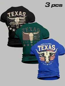 Men's Trendy Western Texas Longhorn Print Short Sleeve Tee (3-Pack), Soft Breathable Fabric, Loose Fit, Summer Casual Wear