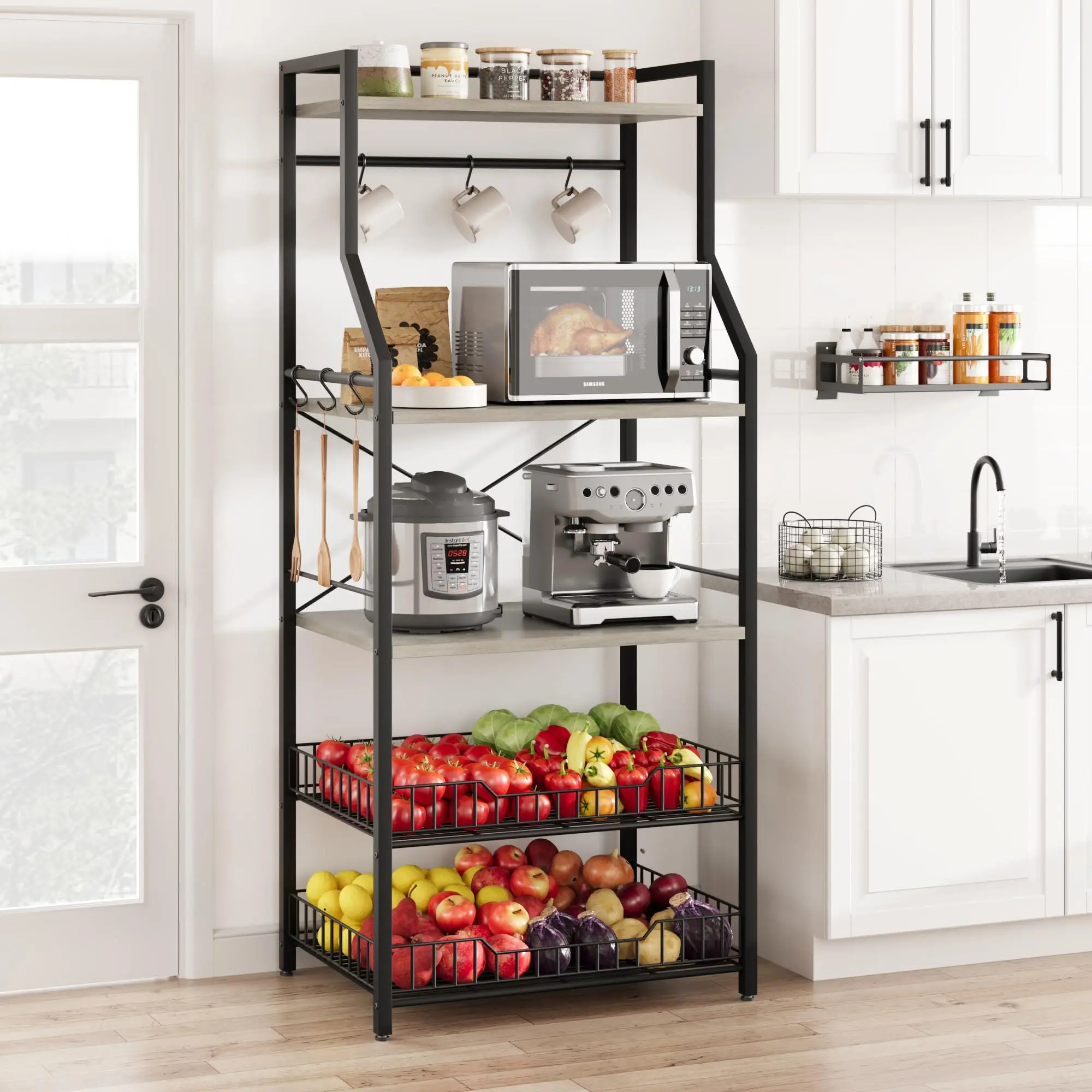 Rustic Microwave Stand, 5-Tier Storage Rack with Adjustable Feet and Anti-Tip Kit, Engineered Wood, Rustic Gray
