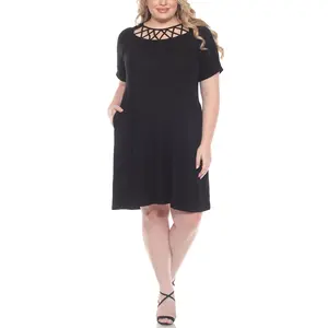 White Mark Short Sleeve Criss-Cross Neck A-Line Dress, Women's Plus, 1X-3X