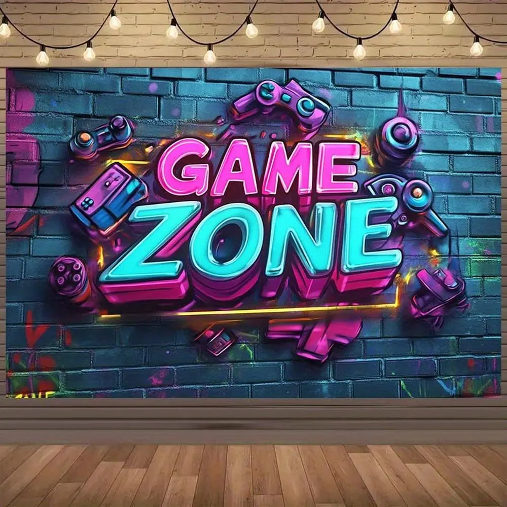 1pc Vibrant Neon Polyester Game Zone Graffiti Banner - 2D Flat Gaming Controllers Print, No Electricity Needed, Multi-Size, for Gamers' Happy Birthday Events, Event Decor