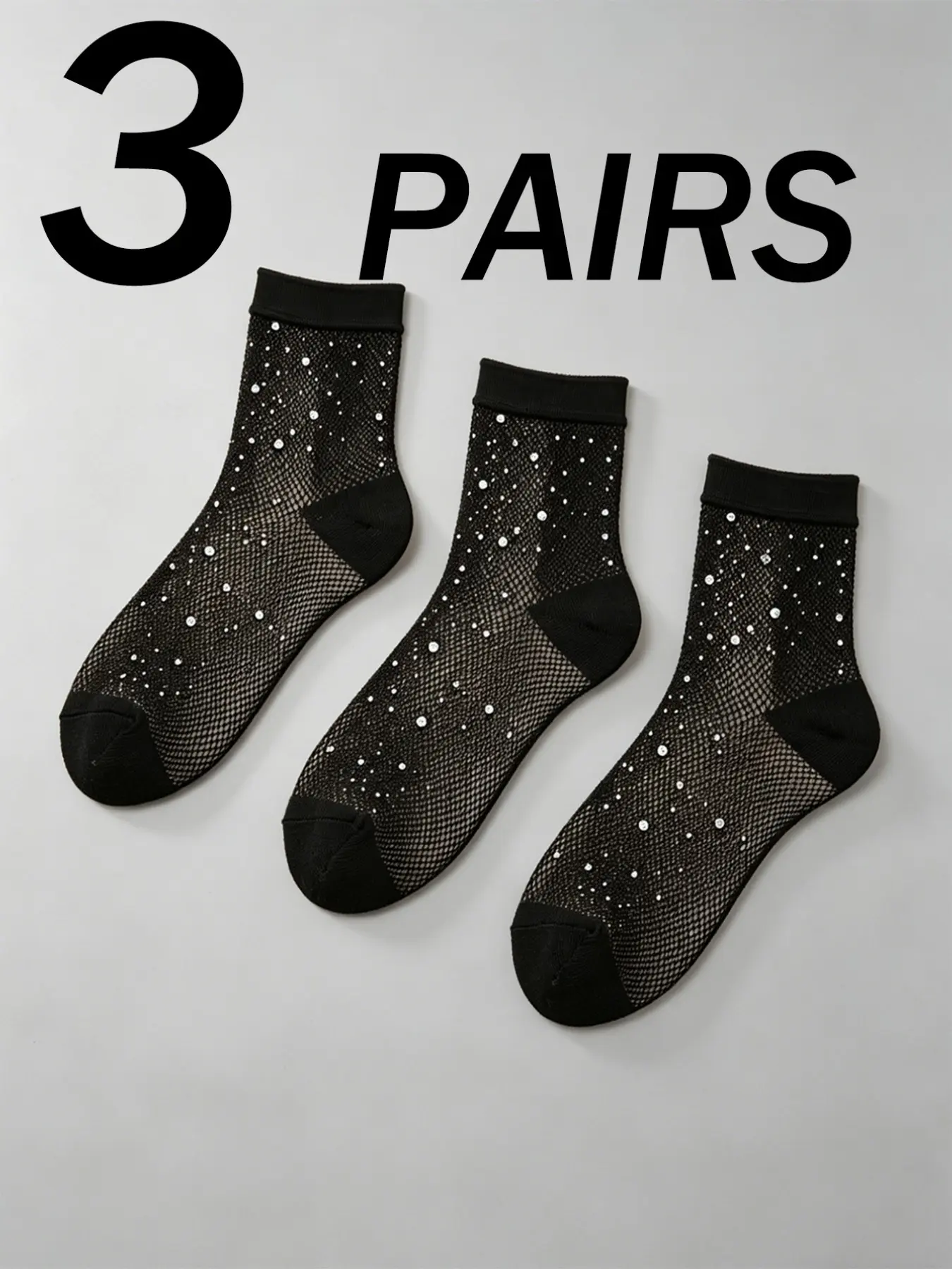 3 Pairs Rhinestone Mesh Mid-Calf Socks, Stylish and Comfortable Footwear, Perfect for Daily Wear and Special Occasions