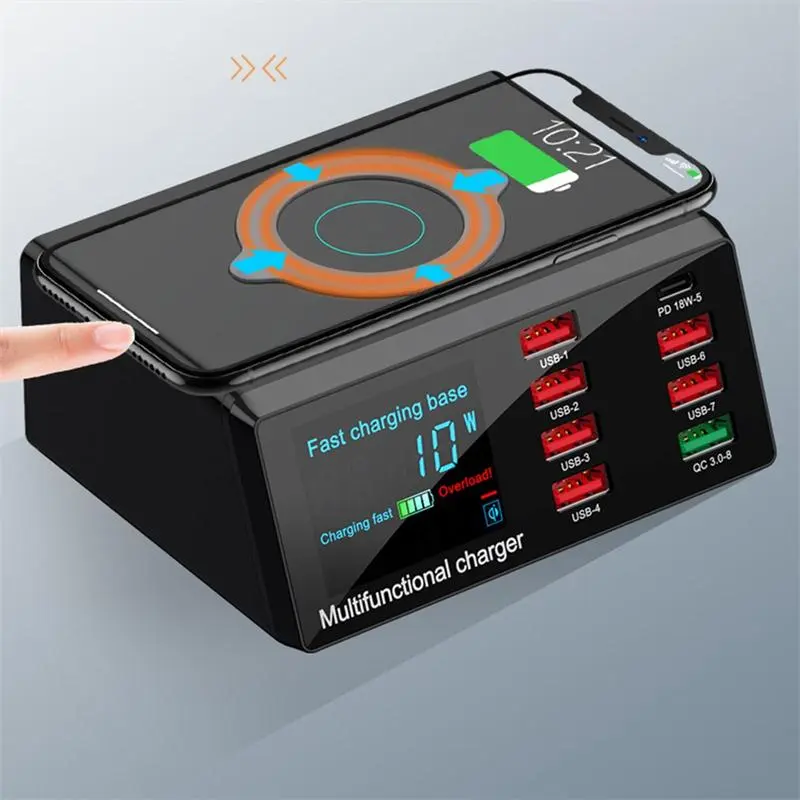 X9 Model Fast Automatic Aluminium Wireless Charger - 100W Output, PC+ABS Fireproof Heat Resistant Material, AC Power (100-240V 50-60Hz), Adaptive Voltage & Current, USB-Wired/USB Ports Compatible, Desktop Stand, Efficient Mobile Phone Charging Solution