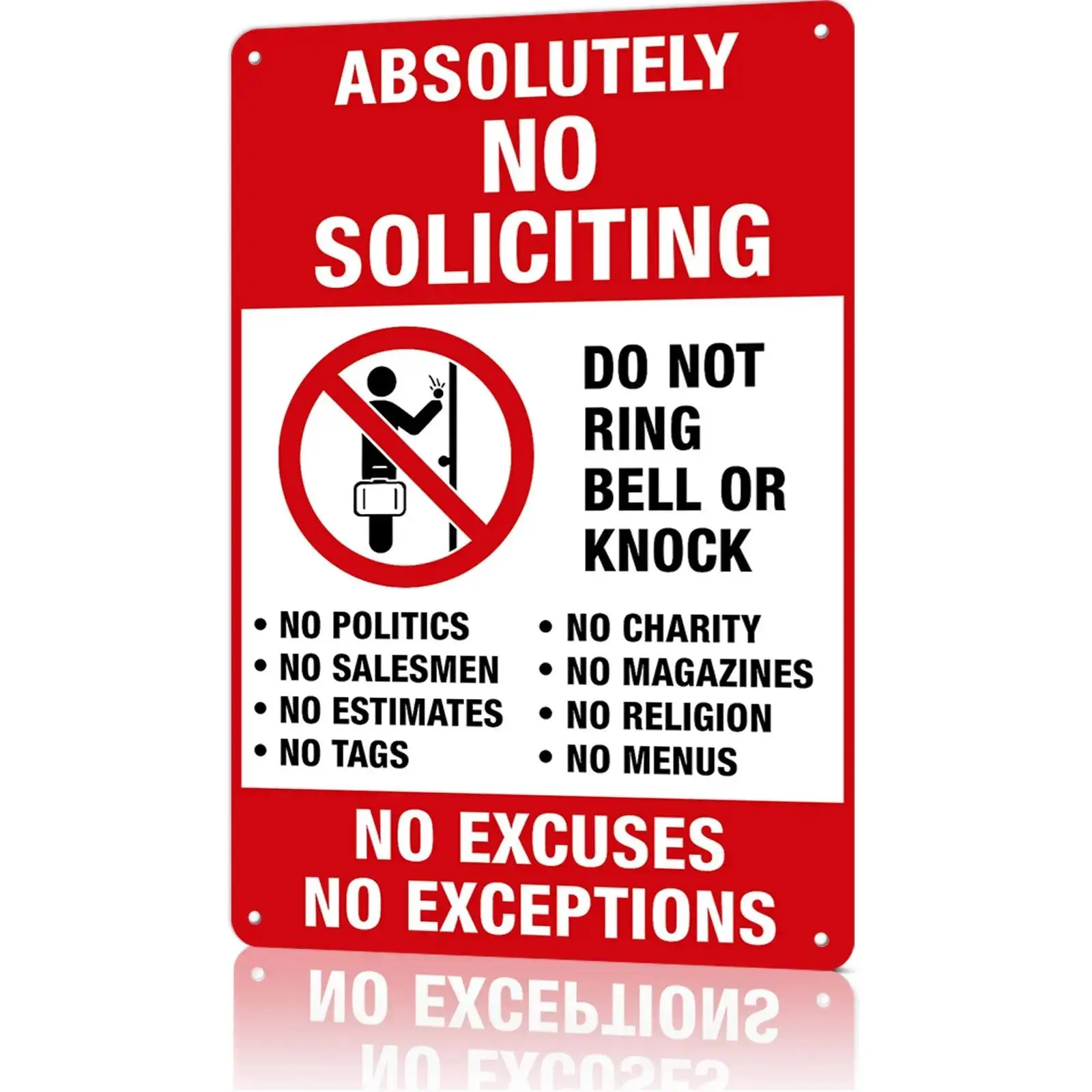 Absolutely No Soliciting Aluminum Sign - 8x12in Sturdy Metal Plaque with Detailed 'No Exceptions' Note for Home Front Door, Gate Decor, Yard Signs