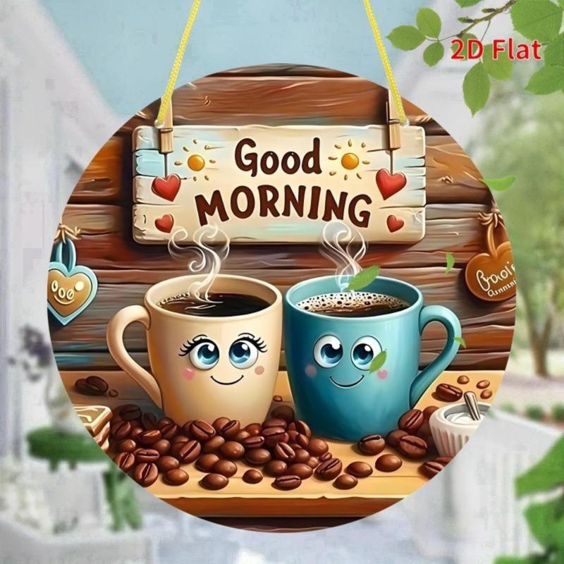 Coffee Cup Pattern Round Aluminum Hanging Plaque Wall Mount Design Cute Theme Wall Decor for Home Coffee Shop